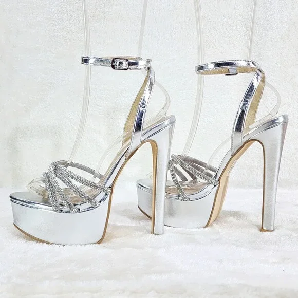 NIB City Nites Silver Platform 6" High Heels Ankle Wrap Shoes Sparkling Rhinest - Picture 1 of 10